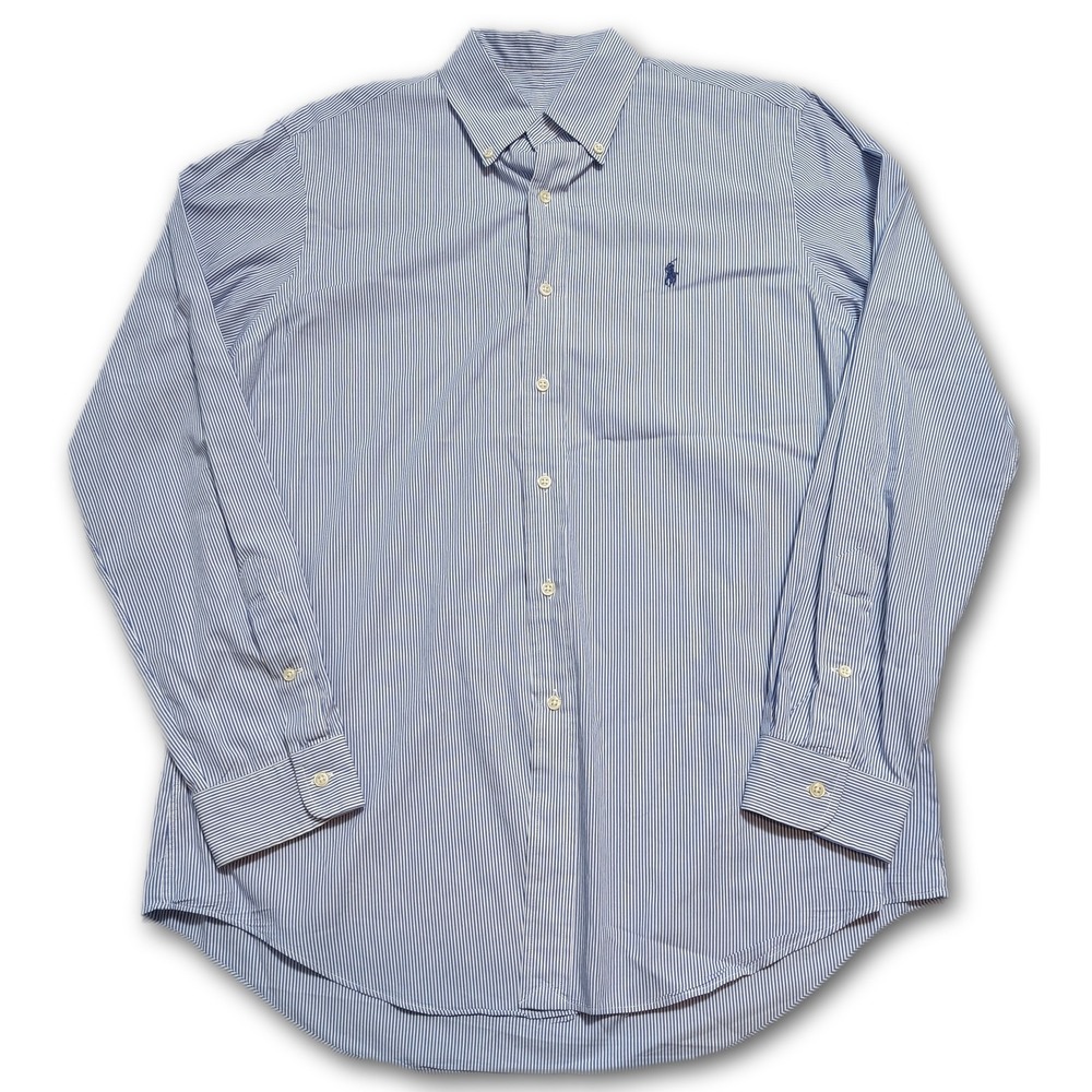 Ralph Lauren Mens OCBD Shirt Blue White Pony Woven Breathable Logo (Fits Size L)